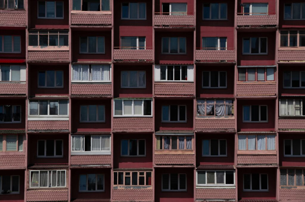 Close-up view of a residential apartment building facade in Minsk, Belarus highlighting architecture.