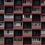 Close-up view of a residential apartment building facade in Minsk, Belarus highlighting architecture.